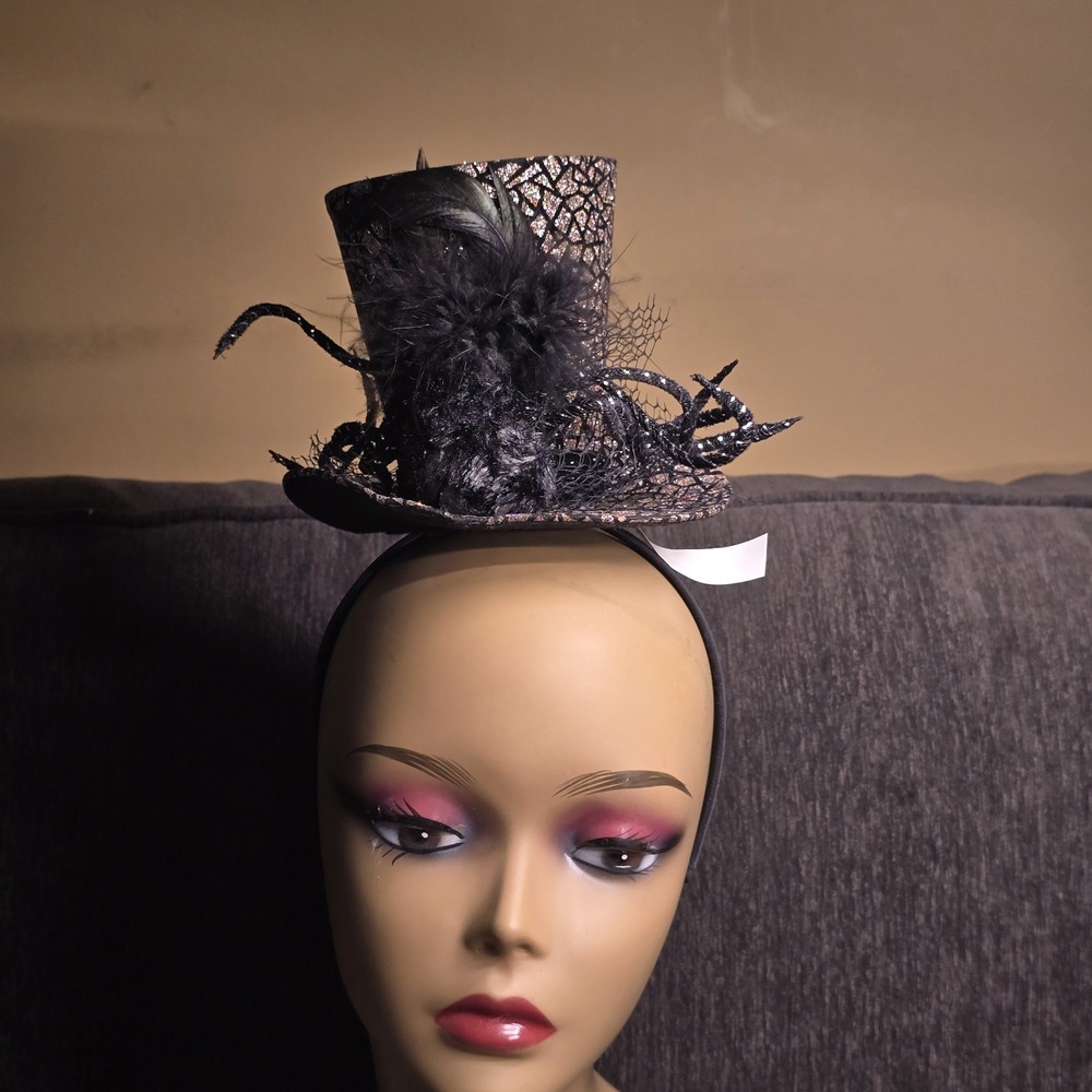 Rose Gold Black Metallic Mini Top Hat Headband‎ Feathers Fascinator Costume - Picture 2 of 6